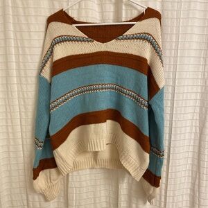 Women’s Colorful Knit Sweater Xl Blue Crème Brown  Long Sleeve Fall School